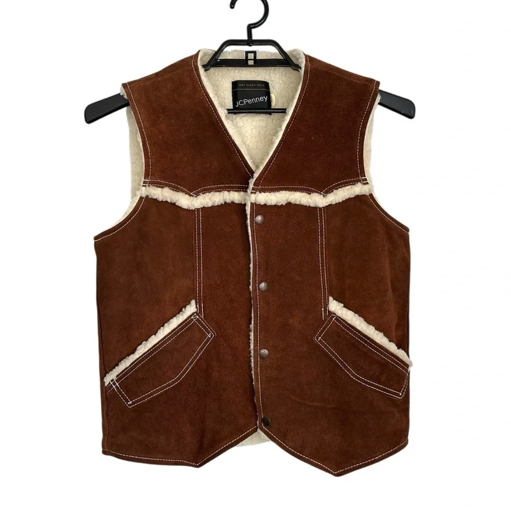 Vintage JCPenney Mens Suede Leather Sherpa Lined Vest Sz Small Brown Western